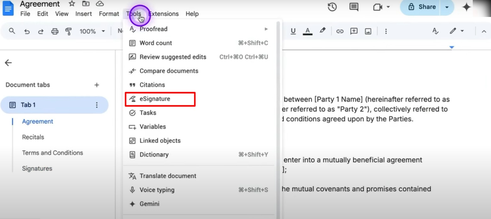 Screenshot of how to locate the e-signature tool in Google Doc