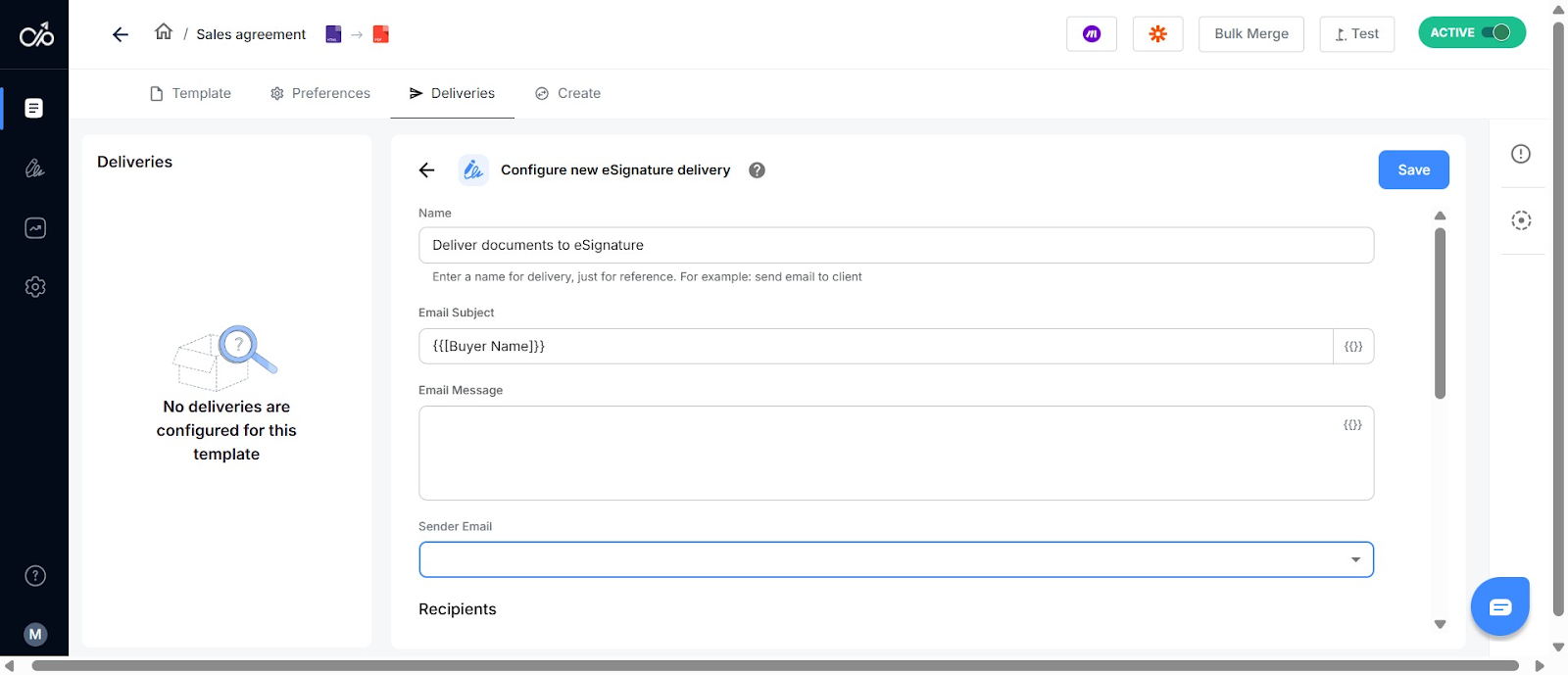 Screenshot of Docupilot dashboard showing how to configure the esignature delivery
