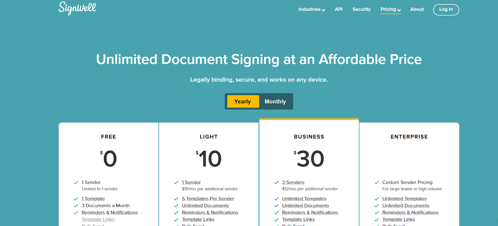 SignWell pricing page