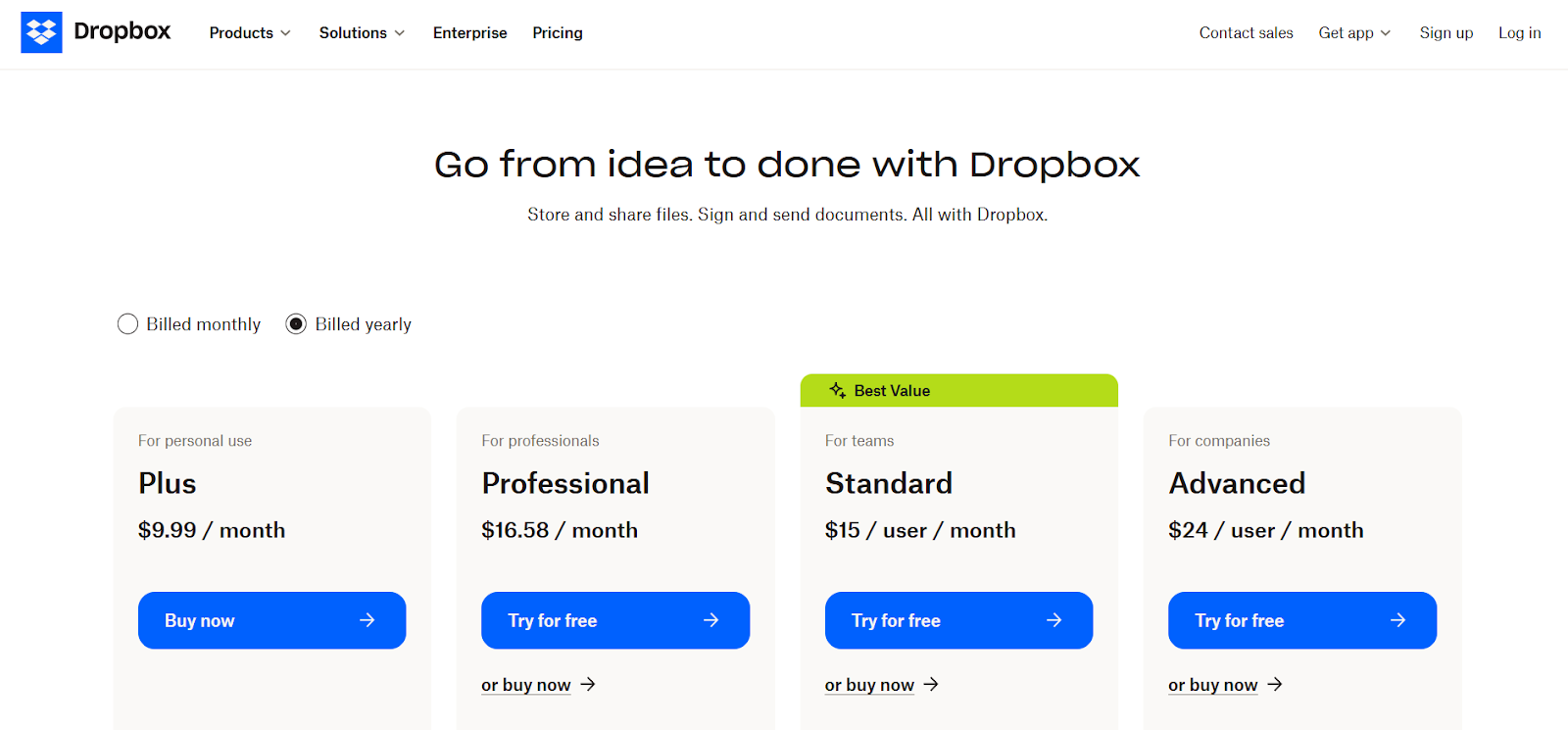 Dropbox Sign Pricing page
