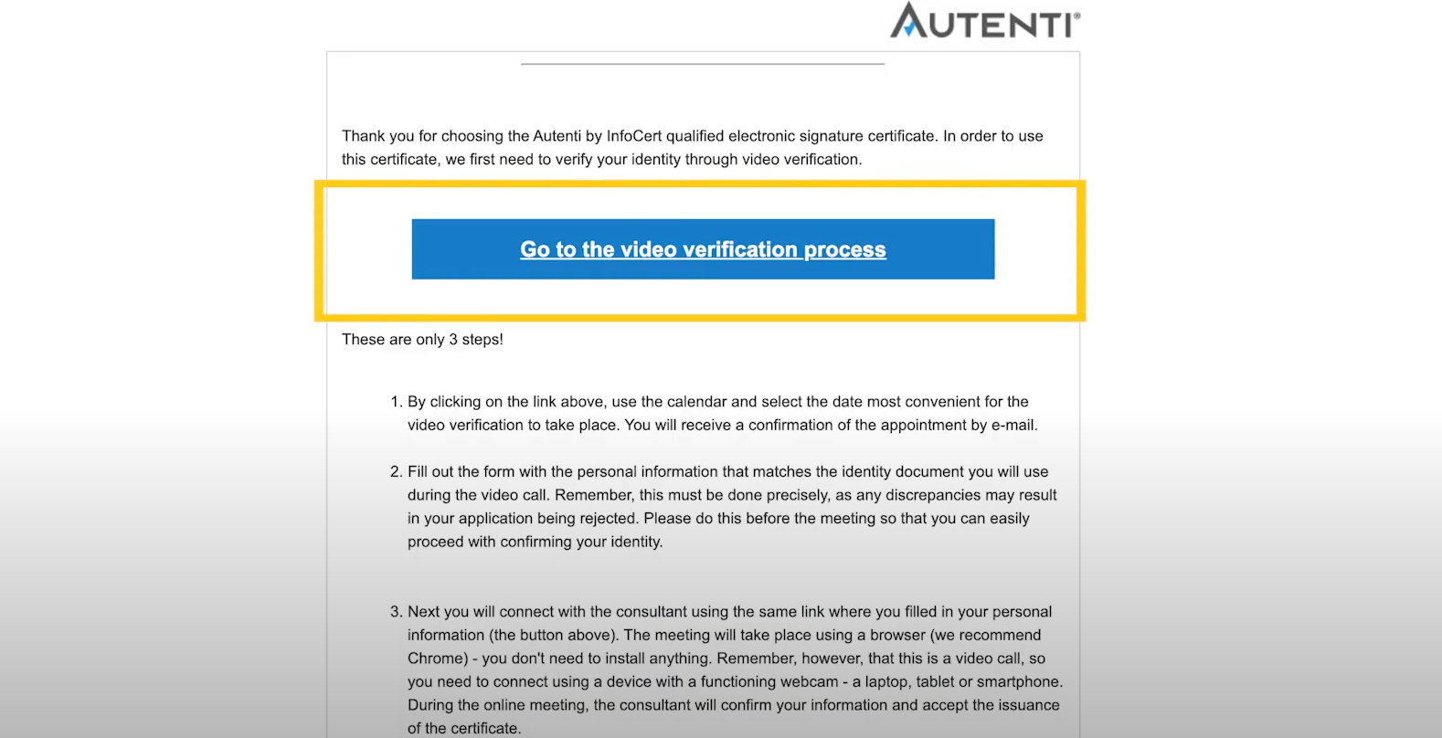 Screenshot of how to process video verification in infocert by Autenti