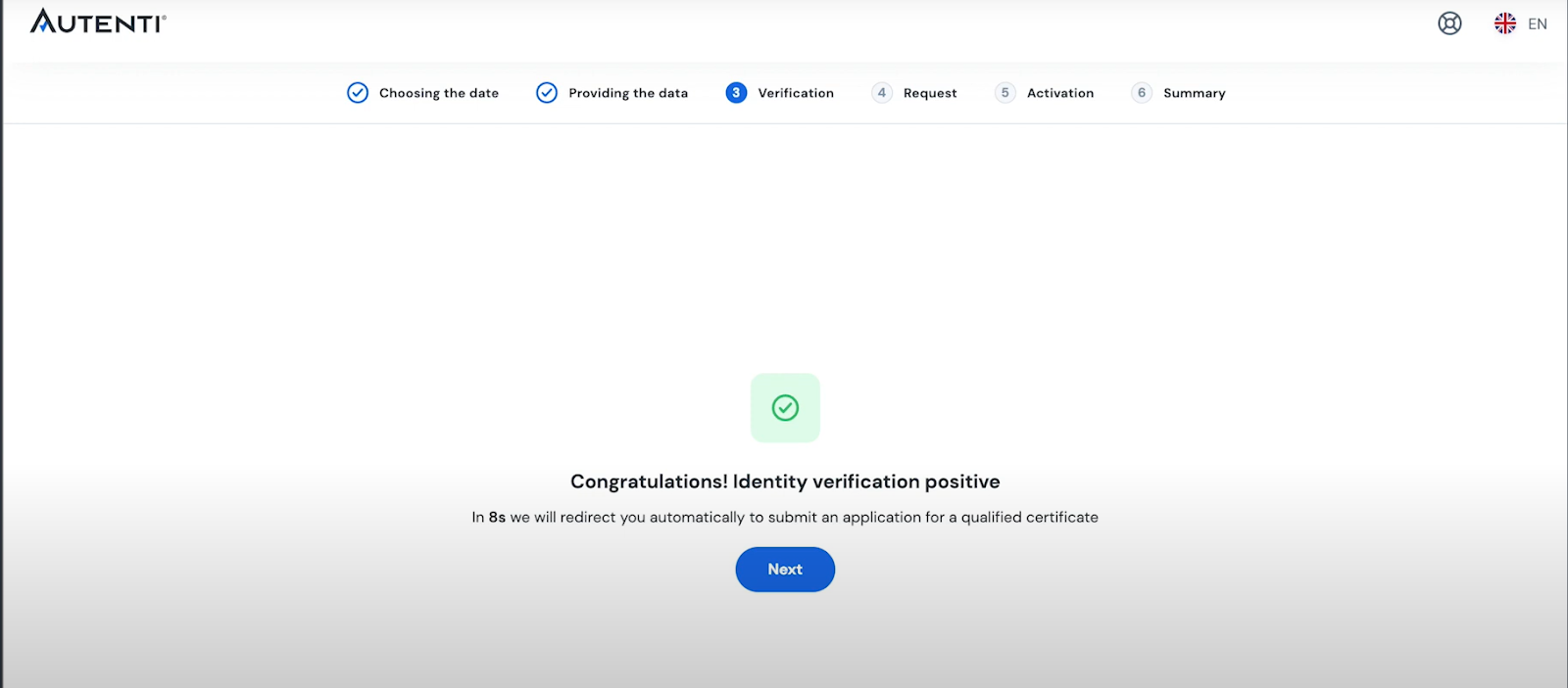 Screenshot of a success video verification and how to proceed to request qualified certificate in infocert by autenti