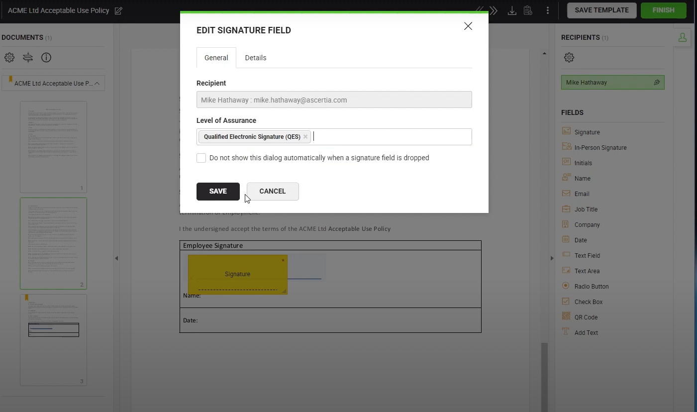 Screenshot of how to select qualified electronic signature in Signhub