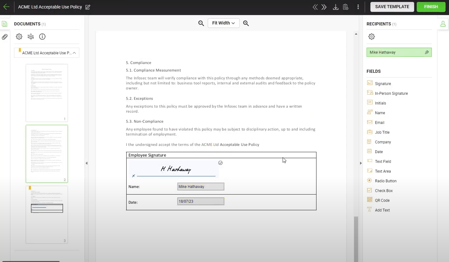 Screenshot of a generated qes in Signhub