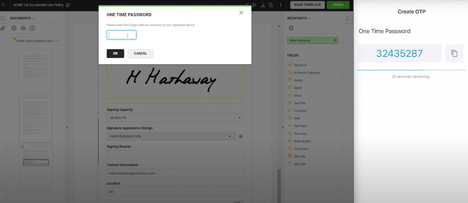 Screenshot of how to connect Signhub to your infocert account and authenticate your qes request