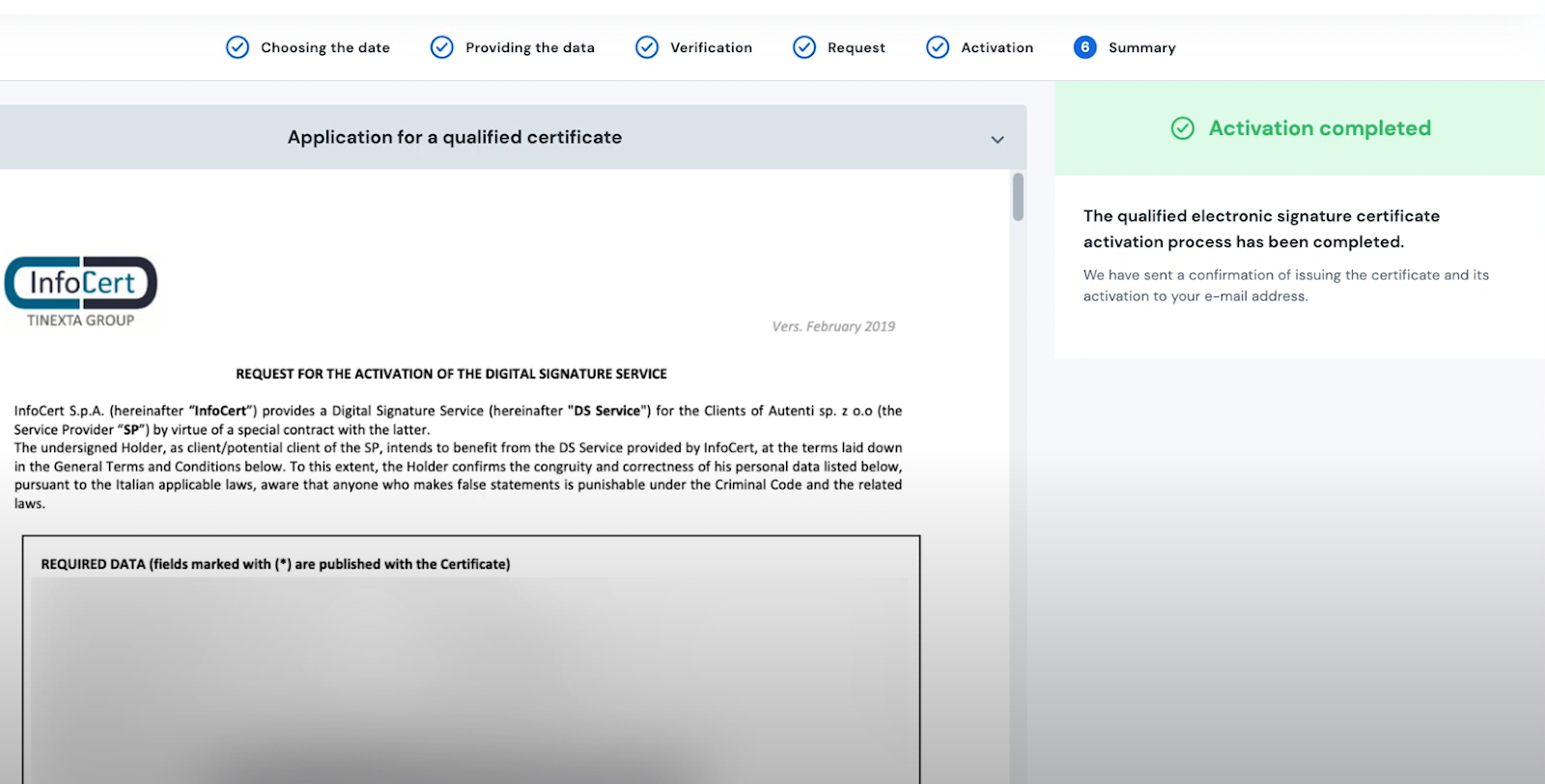 Screenshot of a successfully activated qualified certificate in infocert by autenti