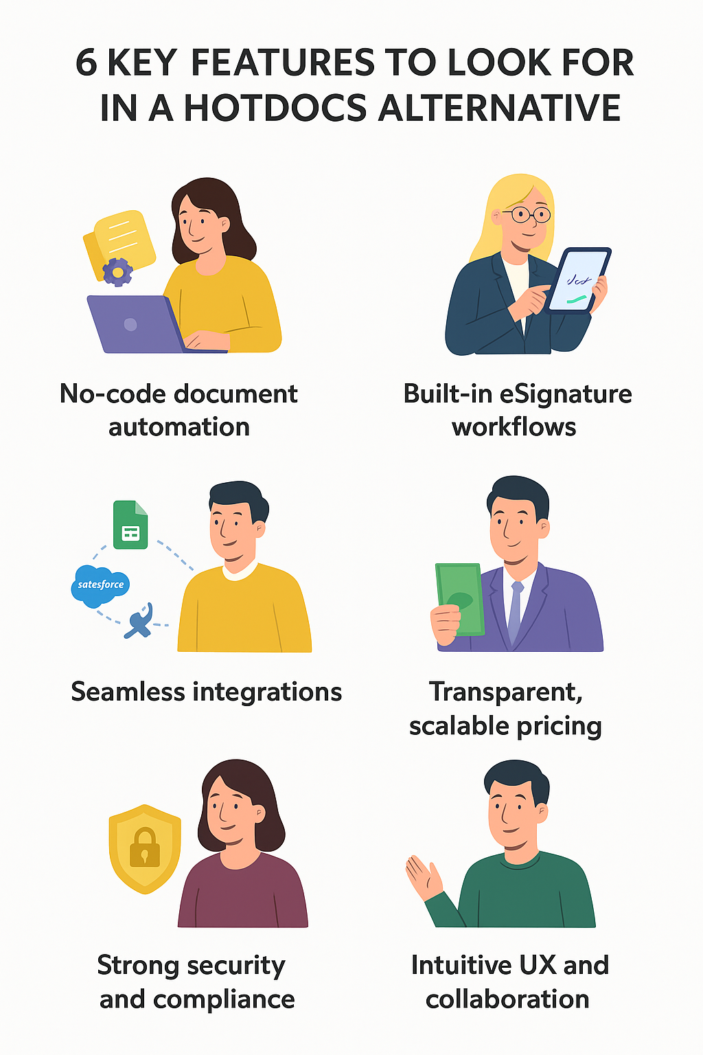 An image showing 6 key features of a HotDocs alternative for document automation and eSignatures