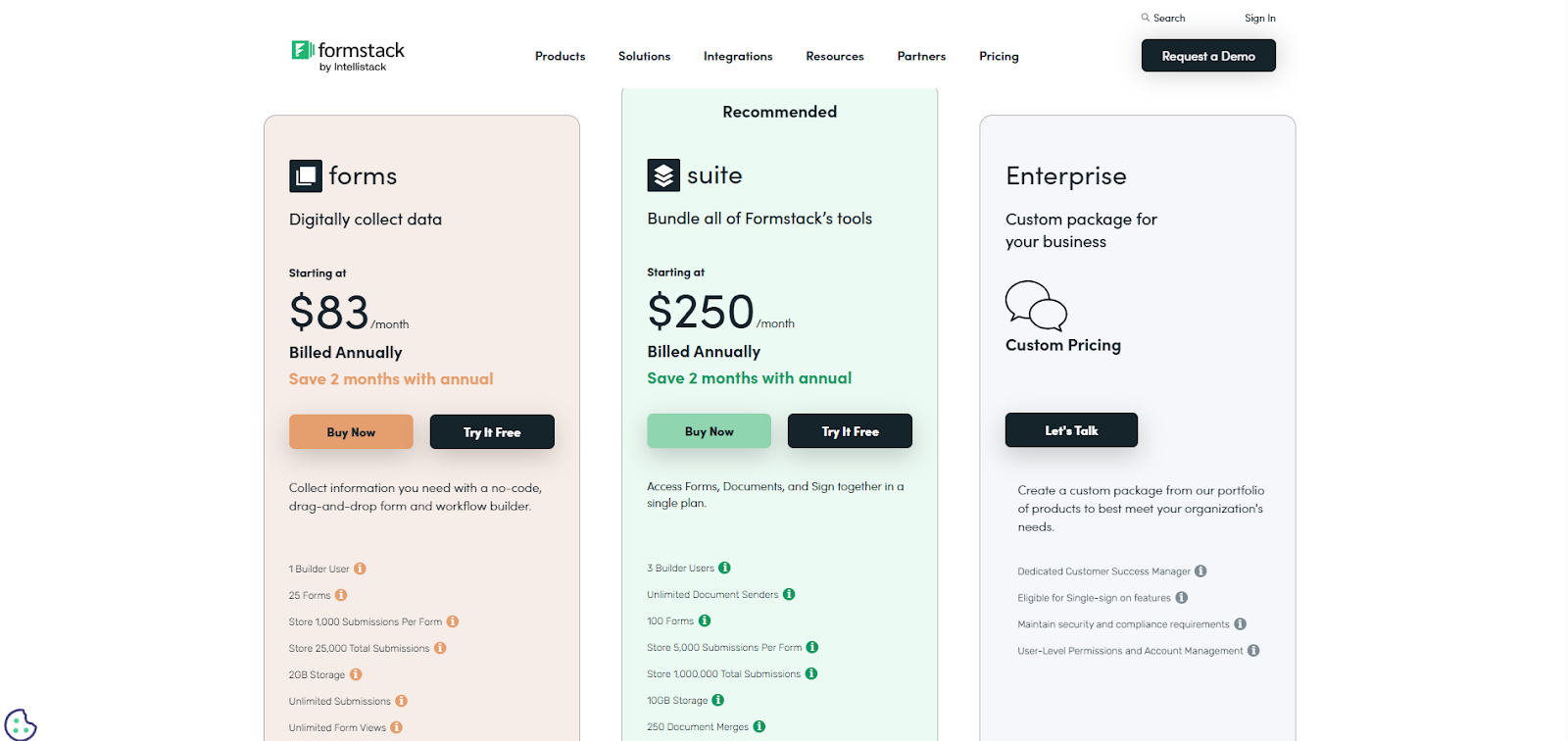 Formstack pricing page with tiered plans for automated forms, documents, and approvals
