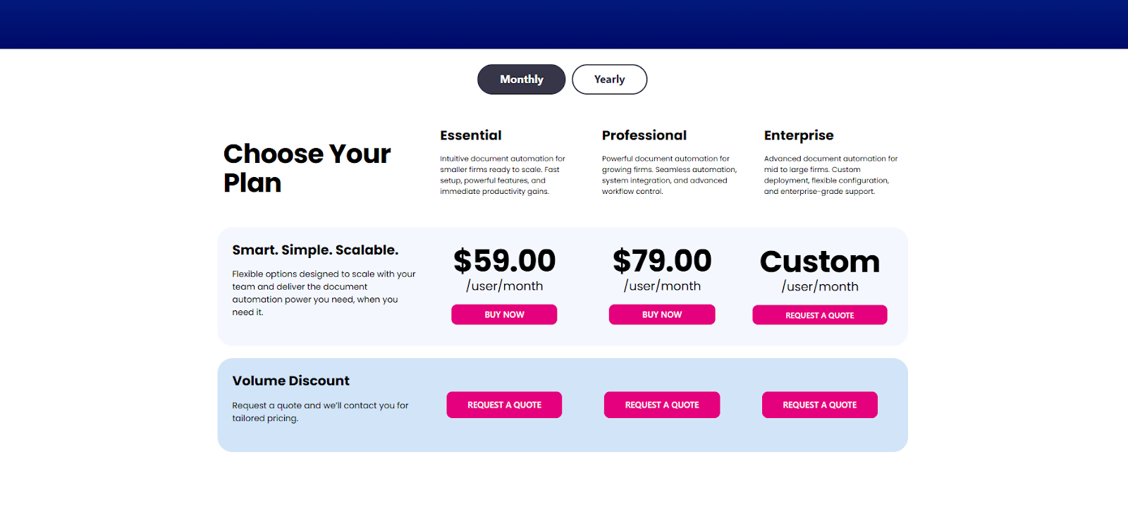 XpressDox pricing plans showing monthly options for legal document automation and templates