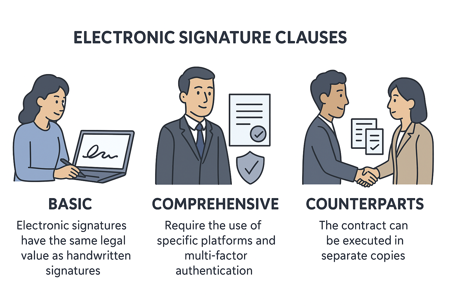 Infographic showing three types of electronic signature clauses, basic, comprehensive, and counterparts