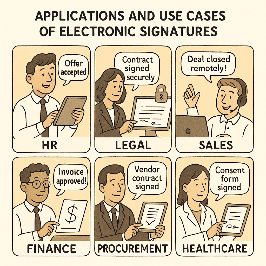 An image showing applications and use cases of electronic signatures across business functions