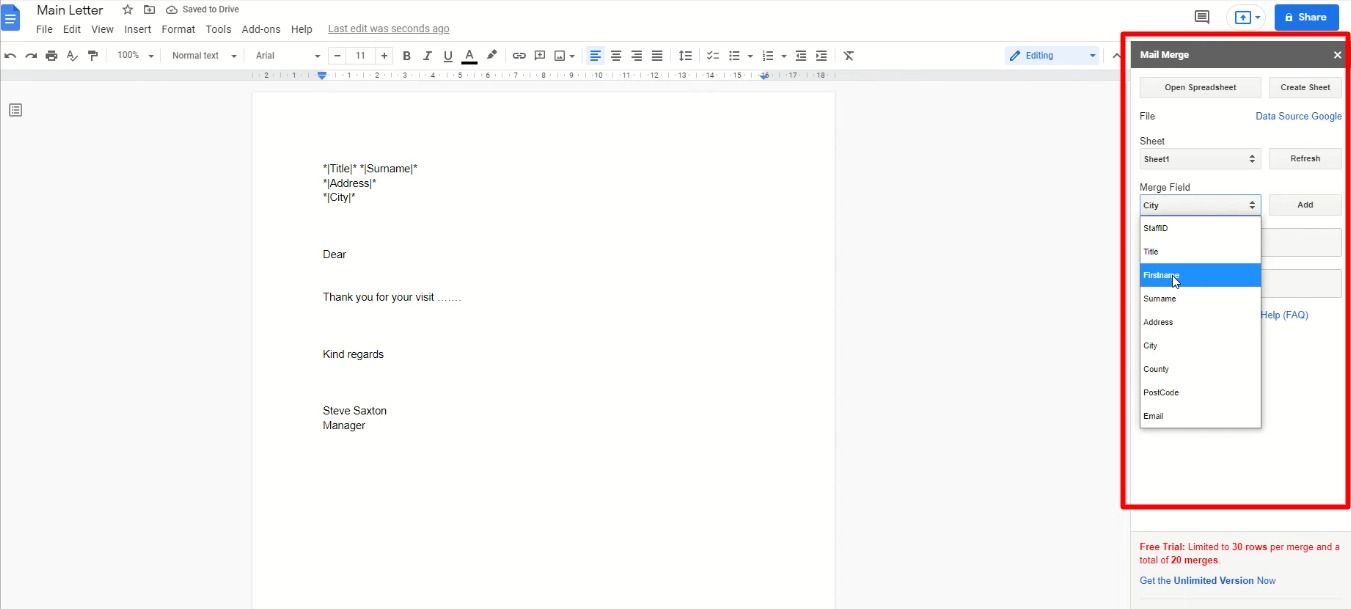 Screenshot of how to add placeholders to documents with mail merge in Google doc