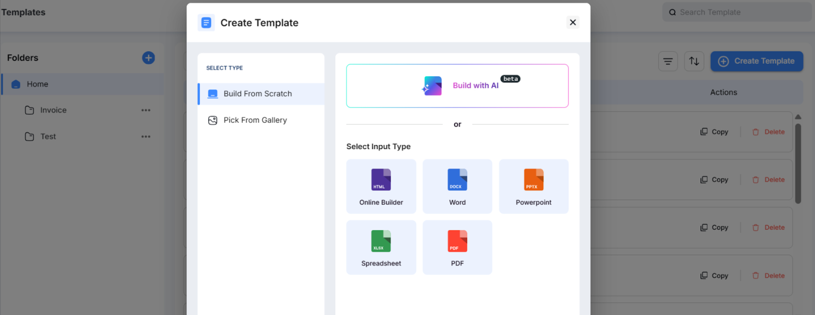 Screenshot of the various ways to create documents in Docupilot