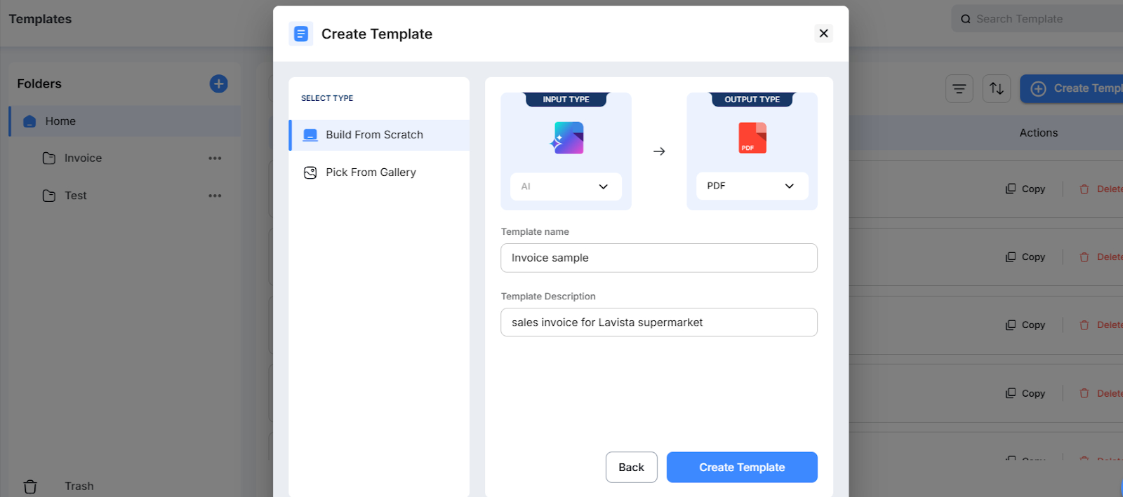 Screenshot of how to create a template with AI in Docupilot
