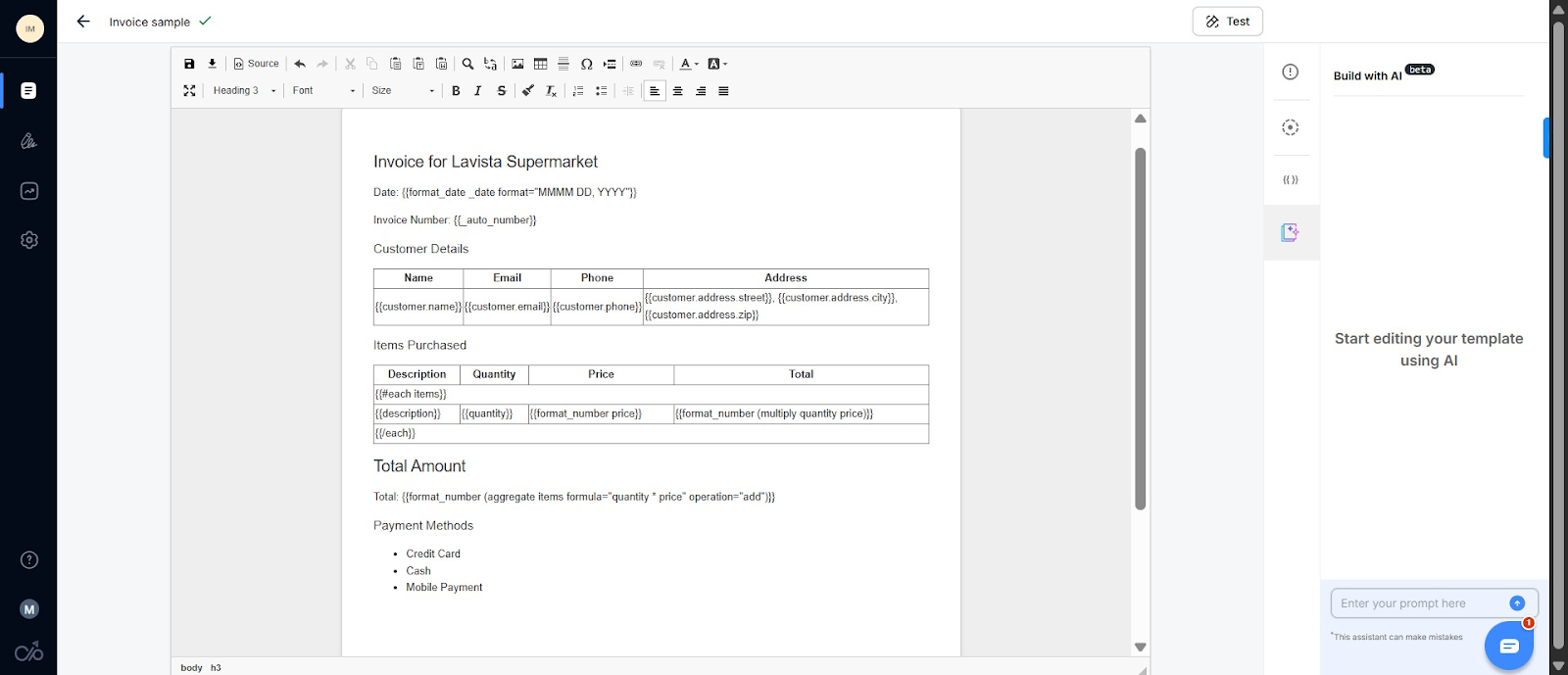 Screenshot of AI generated invoice template in Docupilot