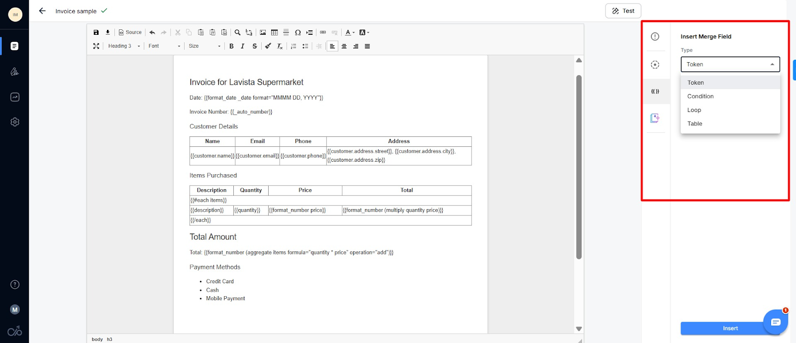 Screenshot of the various merge field features in Docupilot