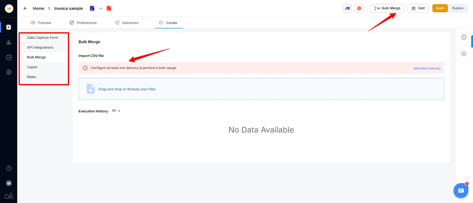 Screenshot of where to locate the bulk merge feature in Docupilot