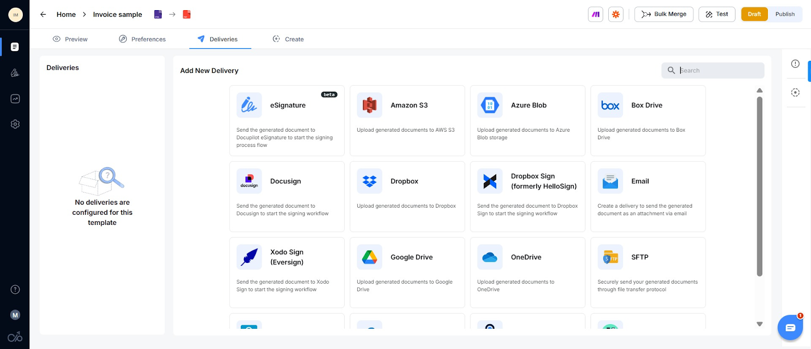 Screenshot of the various delivery options available in Docupilot