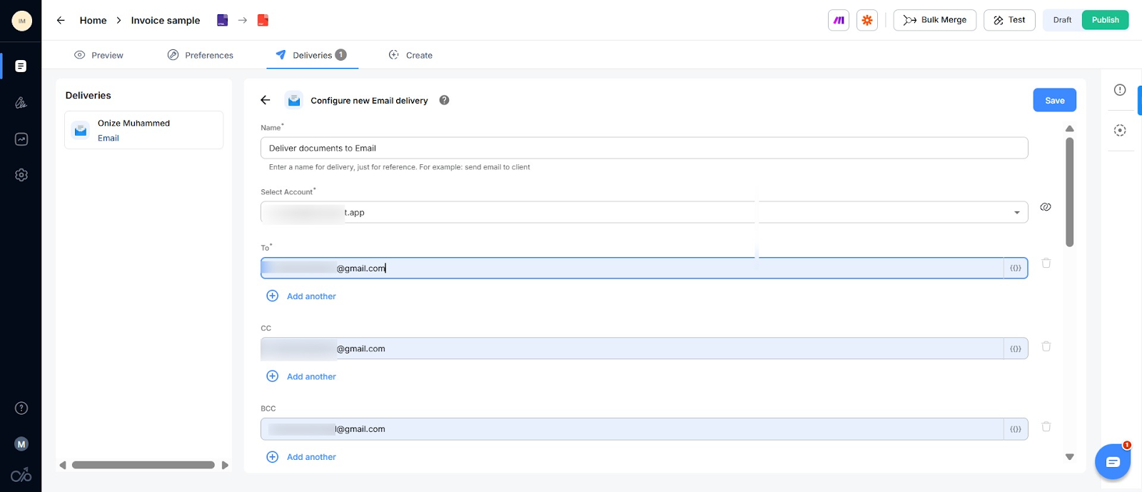 Screenshot of how to set up email delivery in Docupilot