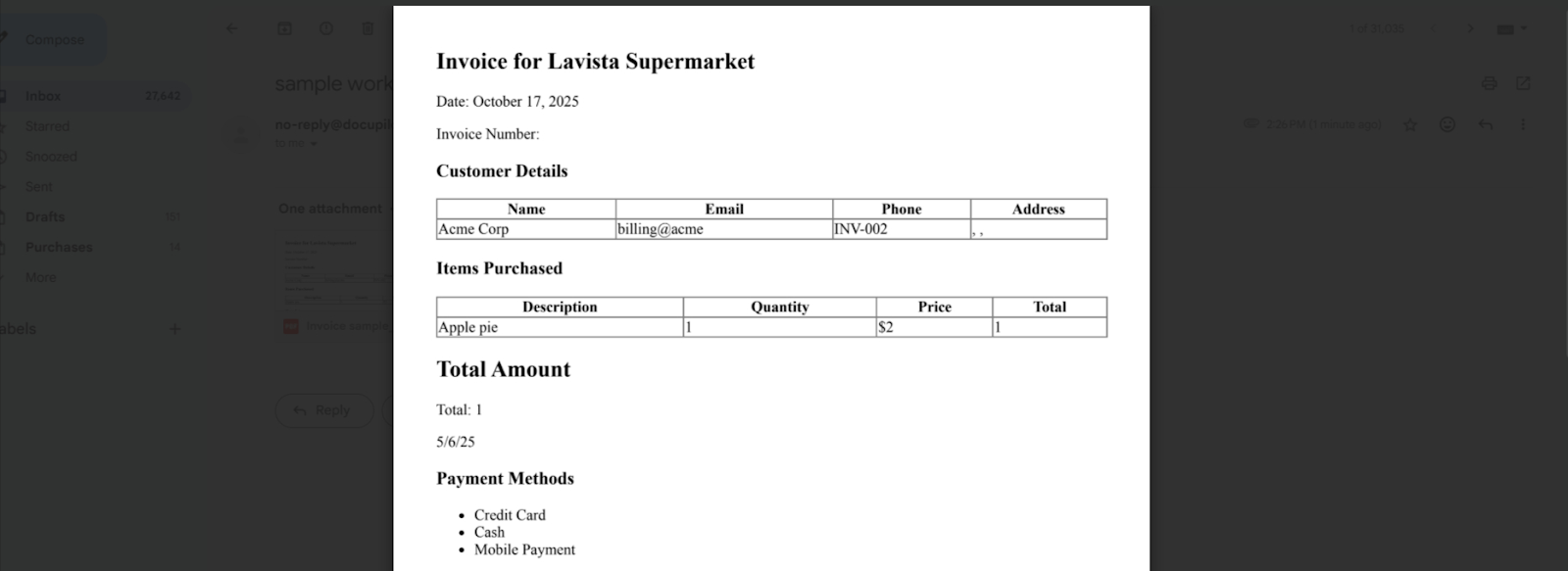 Screenshot of autogenerated document with Docupilot