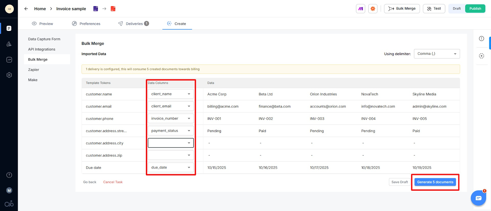 Screenshot of how to match placeholders to data sources column in Docupilot