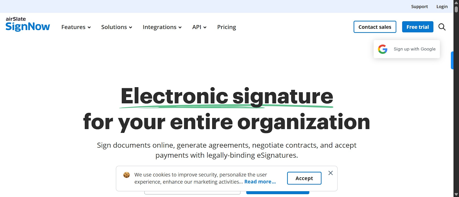 Screenshot of SignNow’s homepage