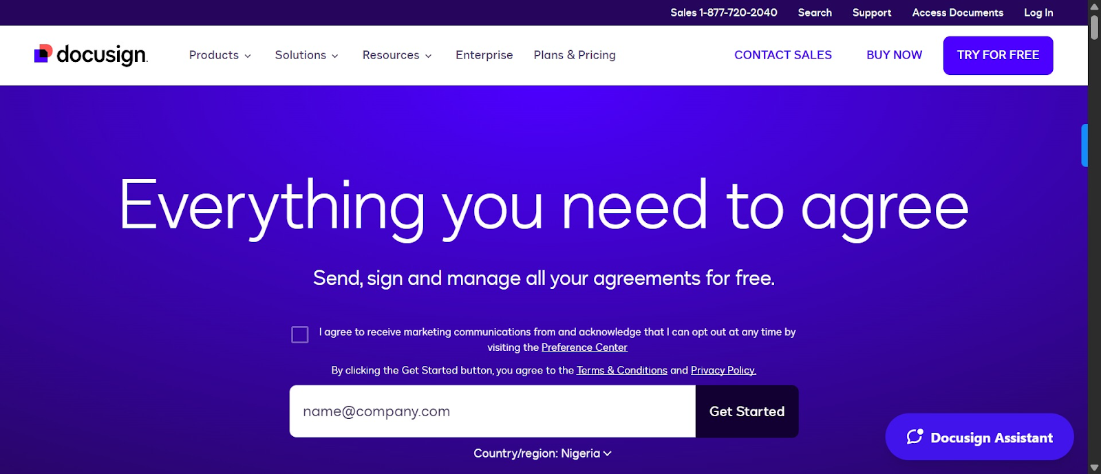 Screenshot of Docusign’s homepage