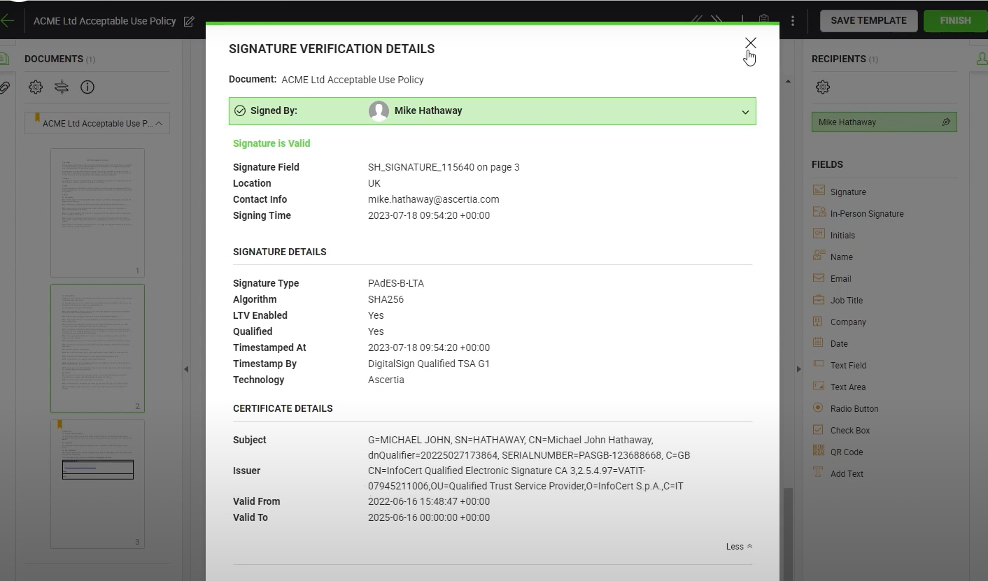 QES verification details from a signing platform
