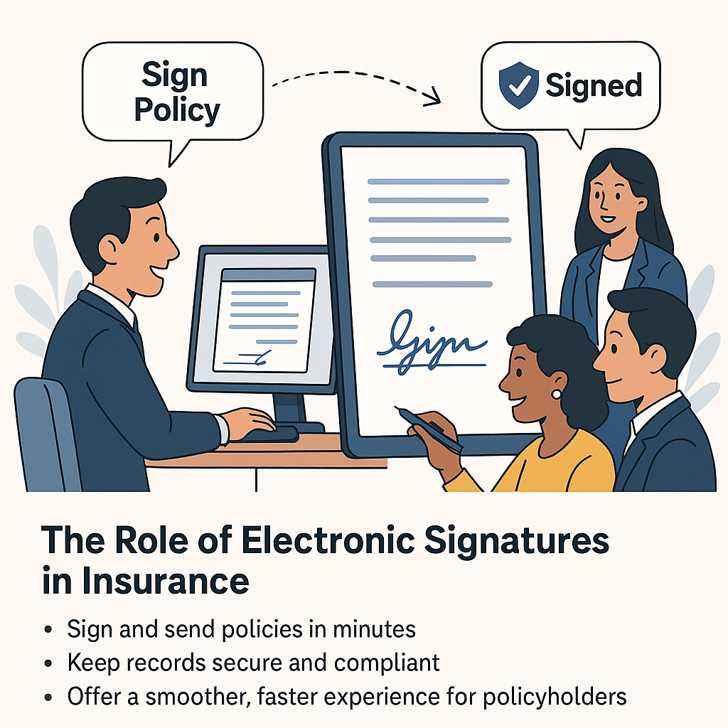Caricature of insurance agents and clients digitally signing policies to show the speed and convenience of eSignatures