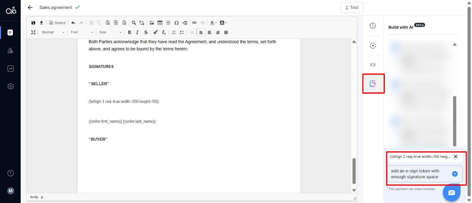 Screenshot of Docupilot dashboard showing how to add signature fields with AI