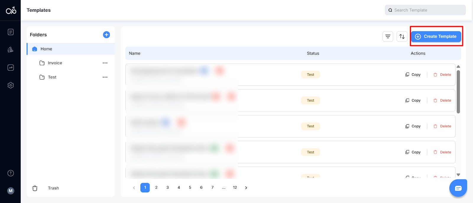 Screenshot of Docupilot dashboard showing the “create template” button