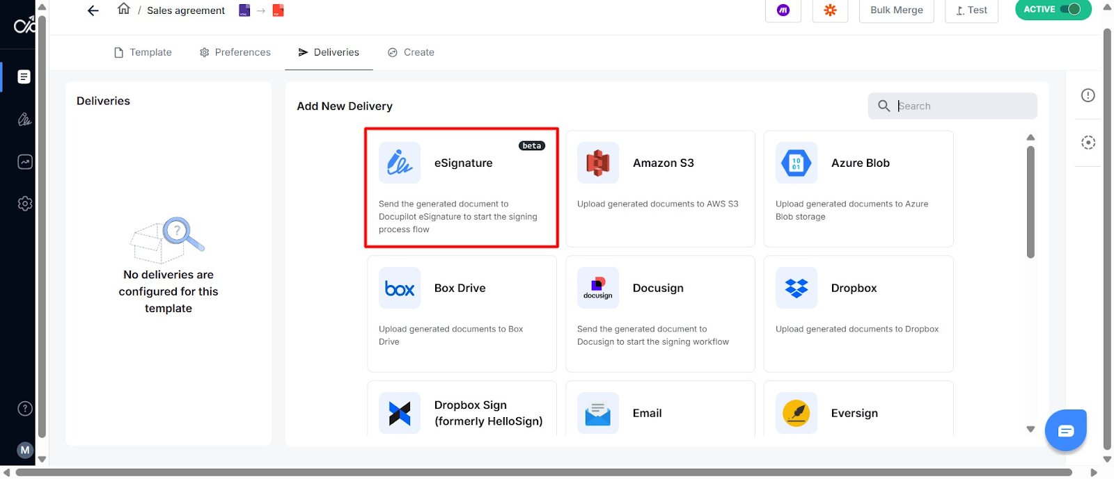 Screenshot of Docupilot dashboard showing how to locate the e-signature feature