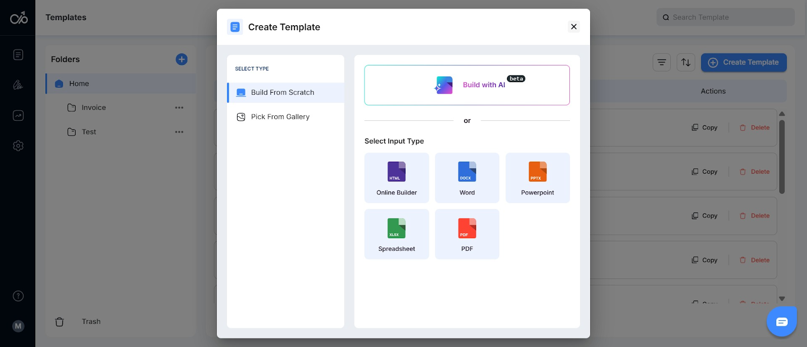 Screenshot of Docupilot dashboard showing how to upload or create documents
