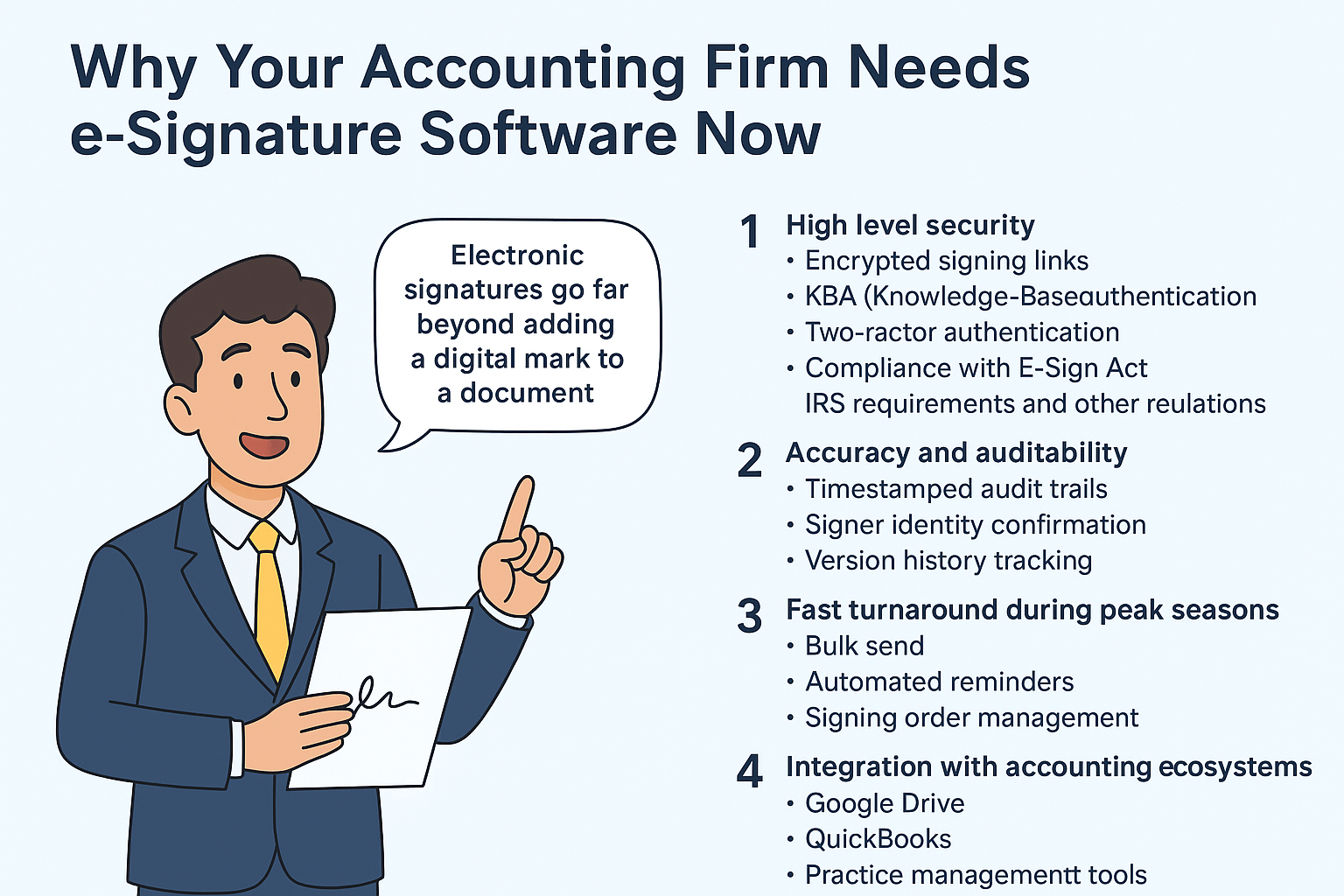 Accountant explaining why e-signature software is essential, with a list of key benefits for accounting firms