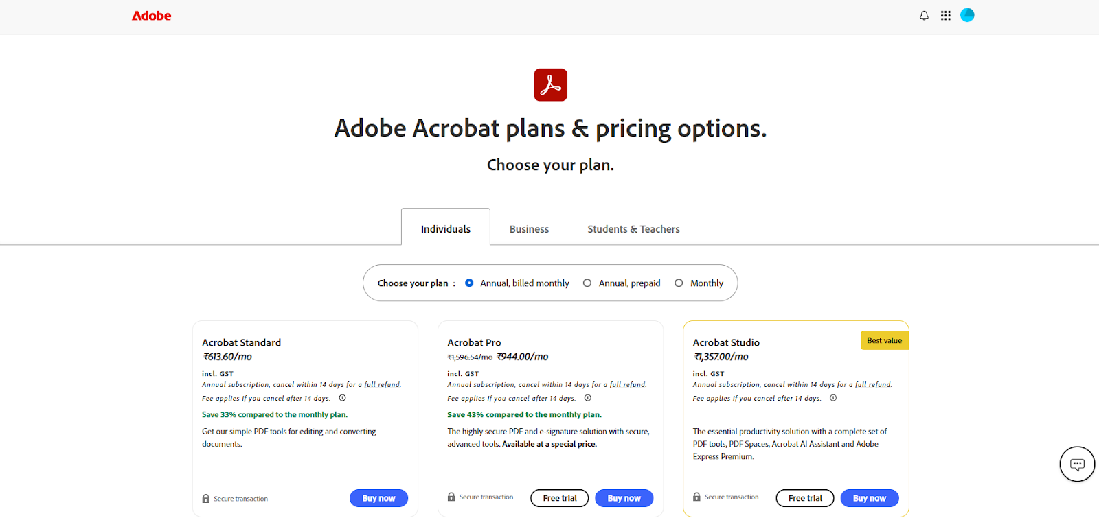 Adobe Acrobat Sign pricing plans