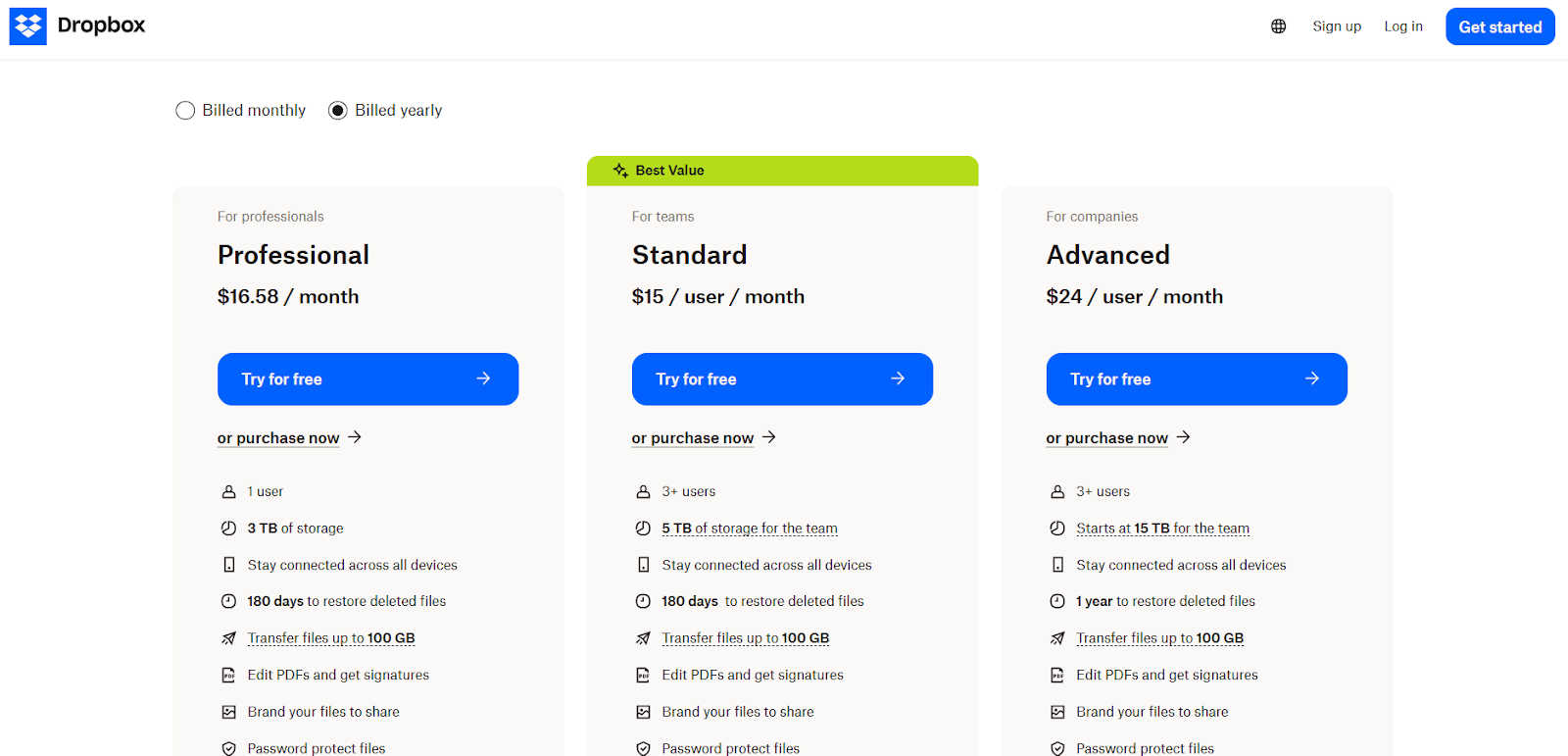 Dropbox Sign individual and team plans