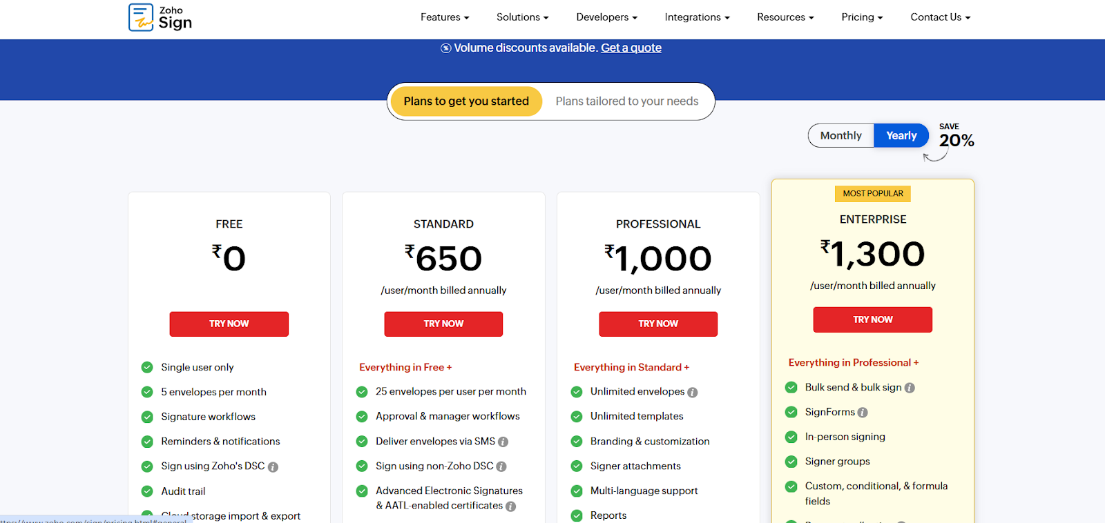 Zoho Sign: Basic and tailored pricing plans