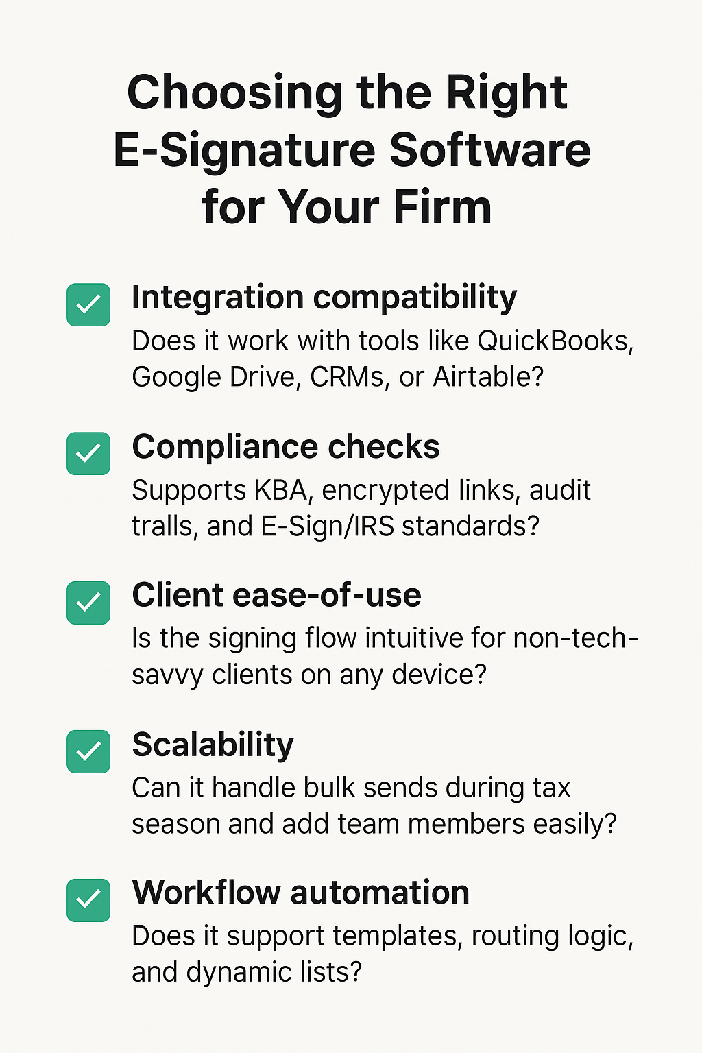 Checklist showing five evaluation criteria for selecting electronic signature software tools