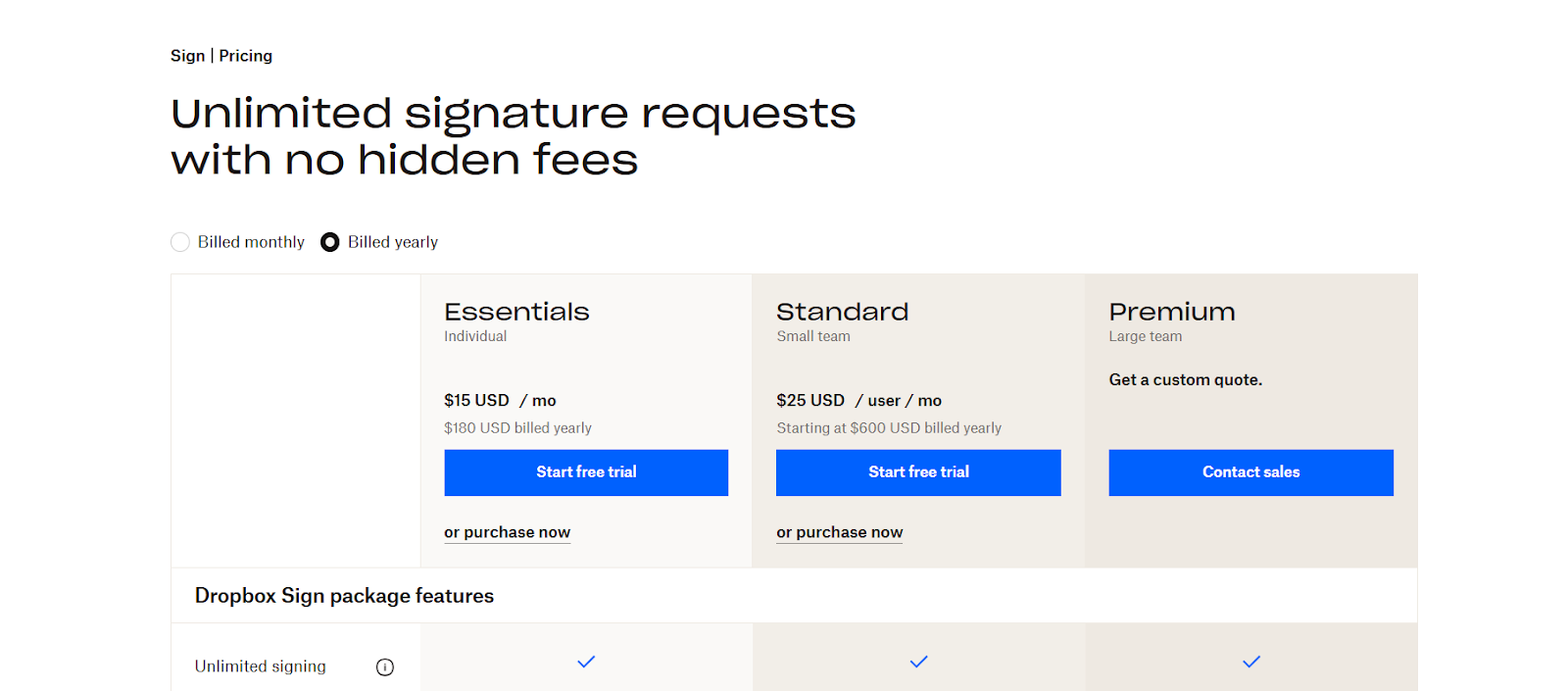 HelloSign pricing plans