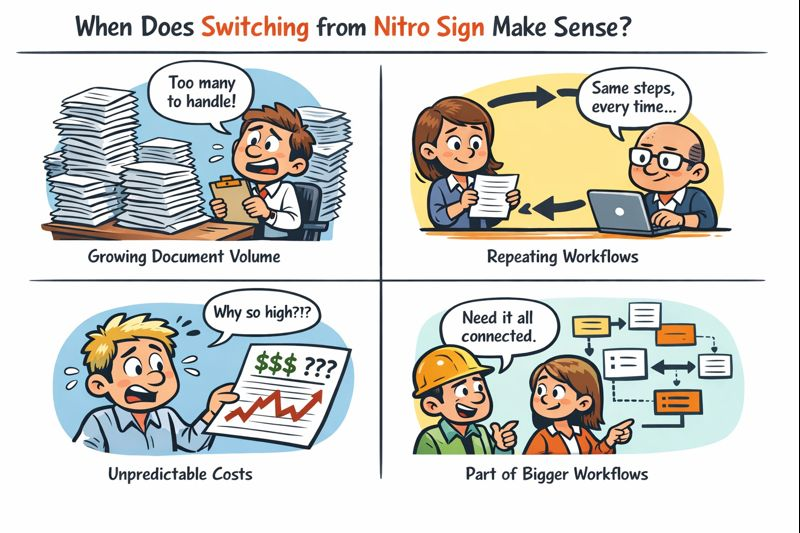 Caricature-style illustration showing when switching from Nitro Sign makes sense