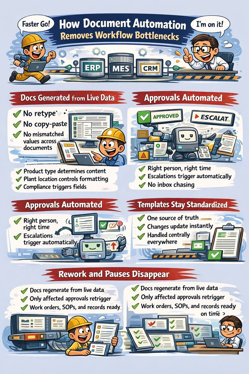 Caricature showing how document automation removes delays