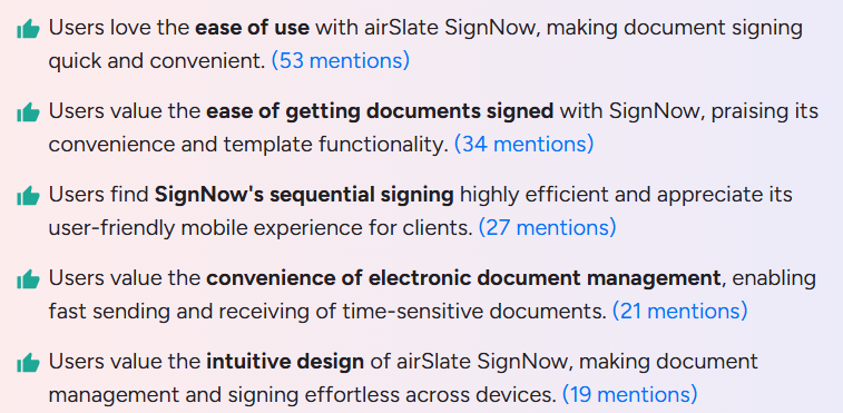 Snapshot showing positive user’s review for SignNow