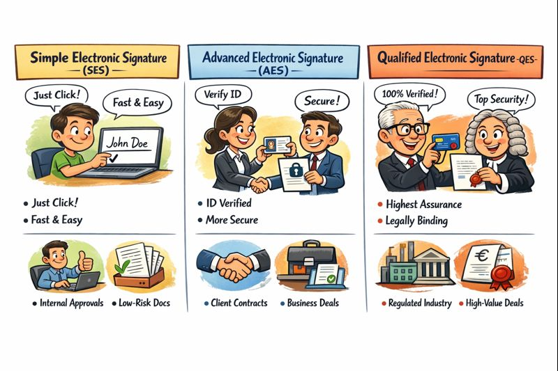Caricature comparing SES, AES, and QES signature levels under eIDAS, from basic to highest trust