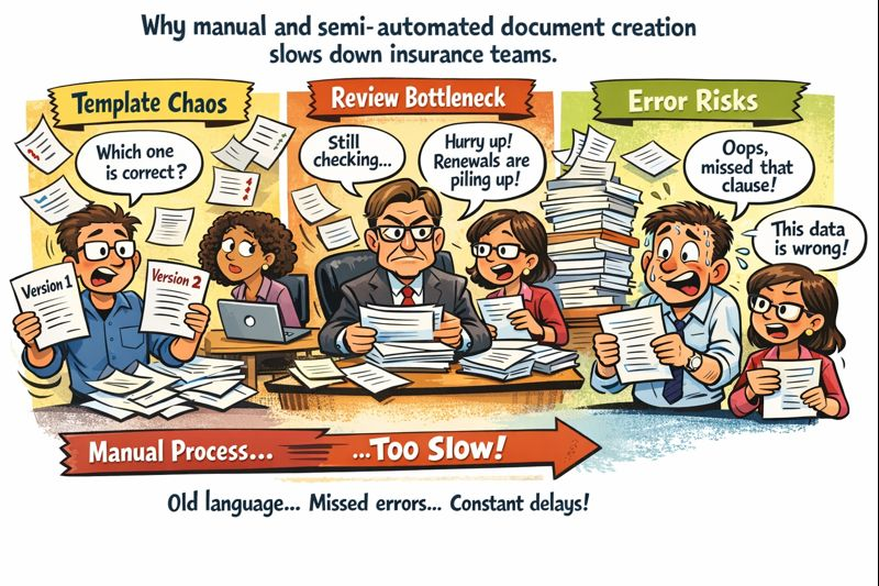 Caricature showing insurance teams slowed by template chaos, review bottlenecks, and document errors