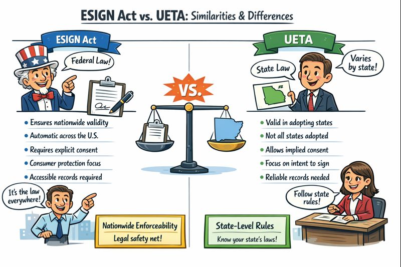 A visual comparing the ESIGN Act and UETA, showing federal vs state law
