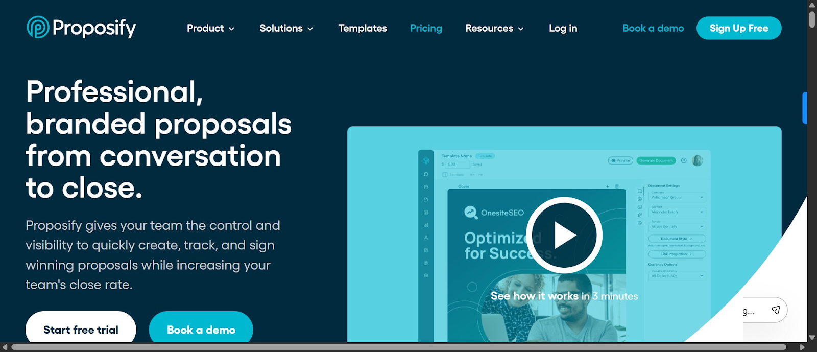 Screenshot of Proposify homepage