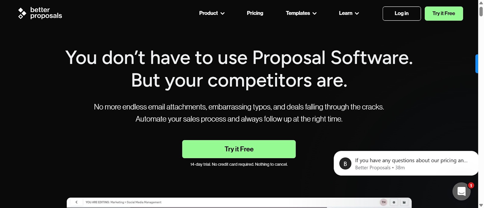 Screenshot of Better Proposals homepage