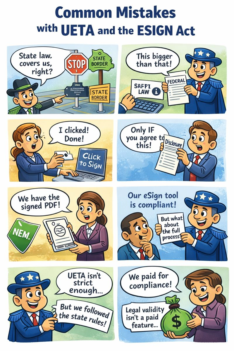 Caricature illustration showing common mistakes teams make with UETA and the ESIGN Act