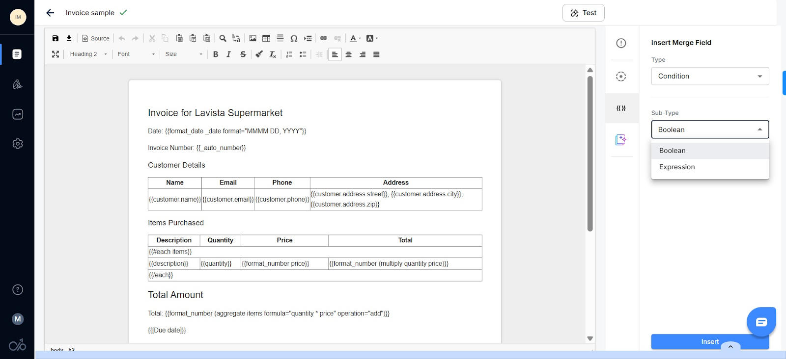 Screenshot showing how to insert dynamic fields in Docupilot