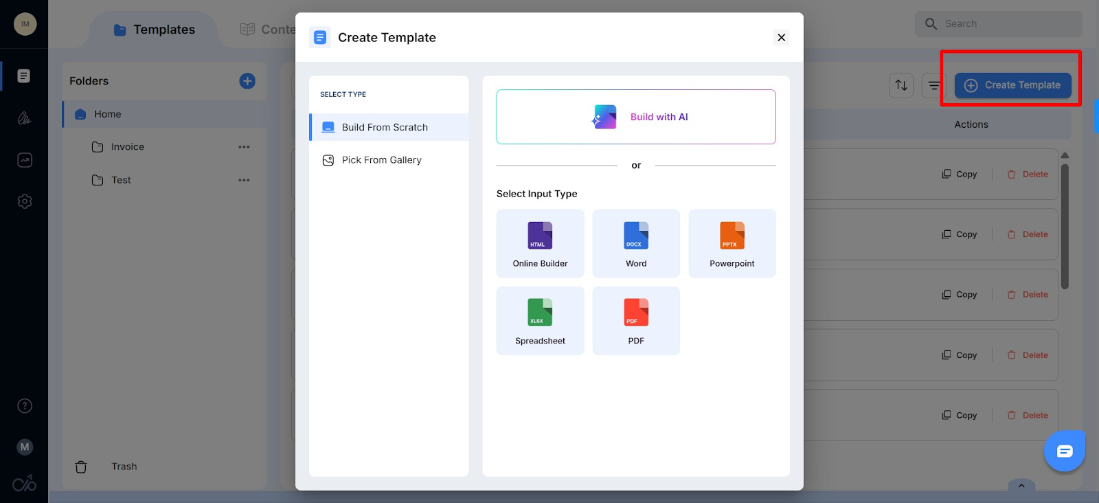 Screenshot of the various ways to create template in Docupilot
